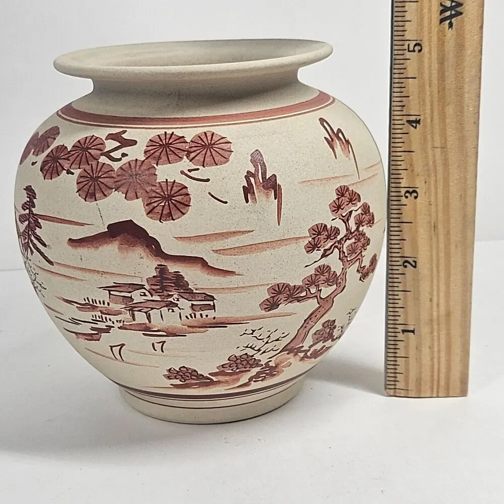 Kutani Satsuma Vase Planter Vintage Red Scenic Handpainted Porcelain Japan